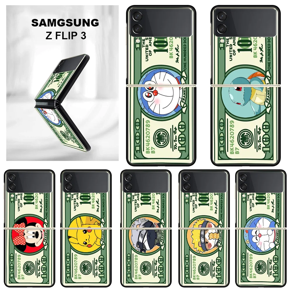 

Luxury Dollar Pikachu Mickey Naruto Case For Samsung Galaxy Z Flip 3 5G Luxury Z Flip3 Black PC Hard Back Phone Coque Capa
