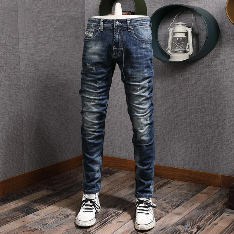 Fashion Designer Men Jeans Retro Washed Blue Elastic Slim Fit Ripped Jeans Men Casual Trendy Trousers Vintage Denim Pants Hombre