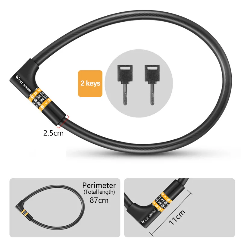 WEST BIKING New Password Key 2 In 1 Steel Cable Lock Rustproof Anti-theft Bicycle Motorcycle Scooter Bike Portable Code Padlock |