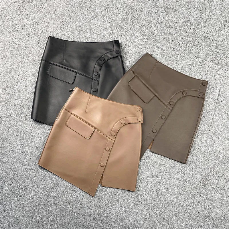 2022 New Arrival  Women Fashion Asymmetry Genuine Sheepskin Leather Skirt
