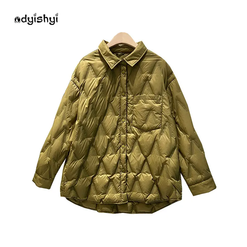 

Women Lightweight Down Jacket 2022 New Shirt Collar Prismatic Plaid Winter Puffer Jacket Female Korean Loose Warm Outwear
