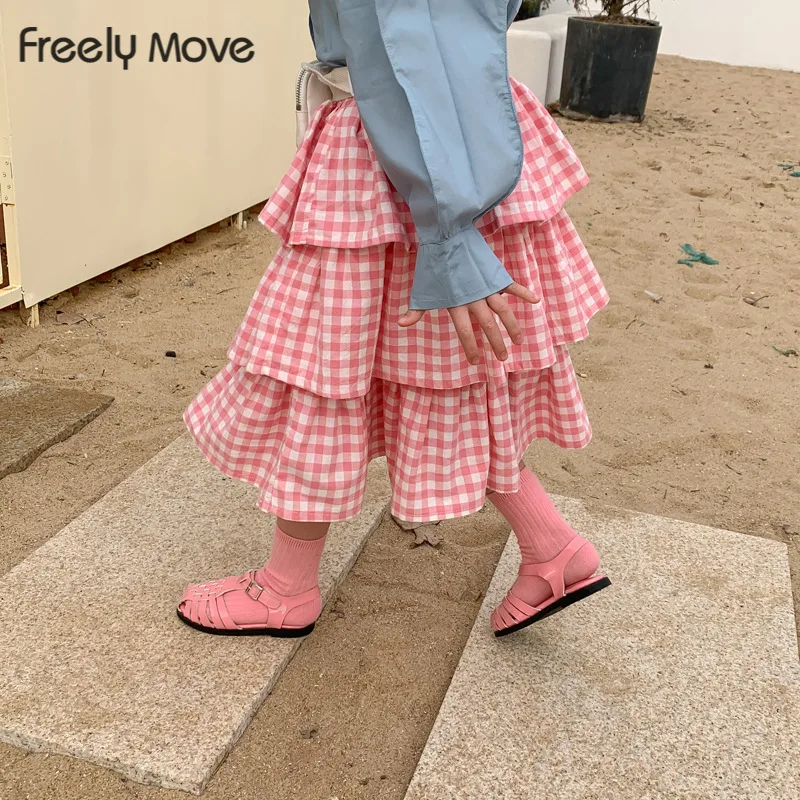 

Freely Move Korean Girl Skirt Spring 2022 New Pink Plaid Cotton Girl Skirt Sweet Lovely Cake Skirt 1-6Year Kid's Skirt