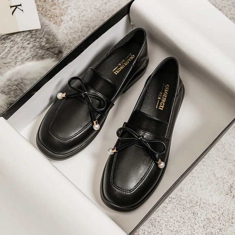 Winter Flats Oxfords Delicate Pearl Bowtie Loafers Women's Small Leather Shoes Ladies Office Dress Low Heels Mocasines 2022