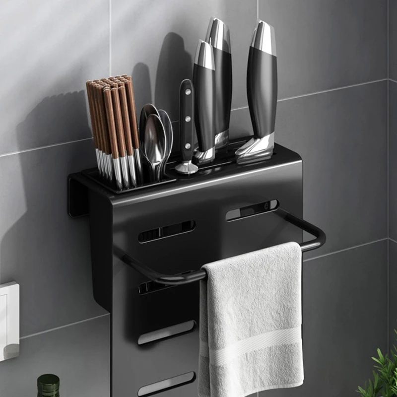 

72XD Wall Mounted Knife Holder Spoon Fork Chopsticks Organizer with Towel Bar for Home Kitchen Cutlery Tableware Drain Shelf