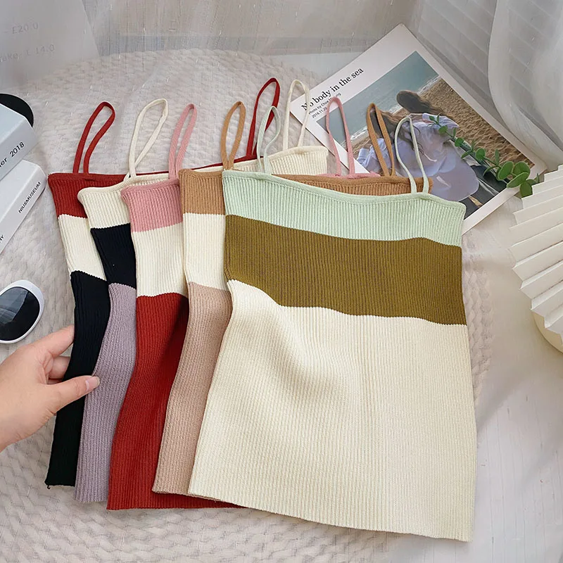 

y2k Tank Tops Kintted Striped Crop Top Female Color Blocking Spaghetti Strap Beach Camisole For Women Causal Summer Dropship