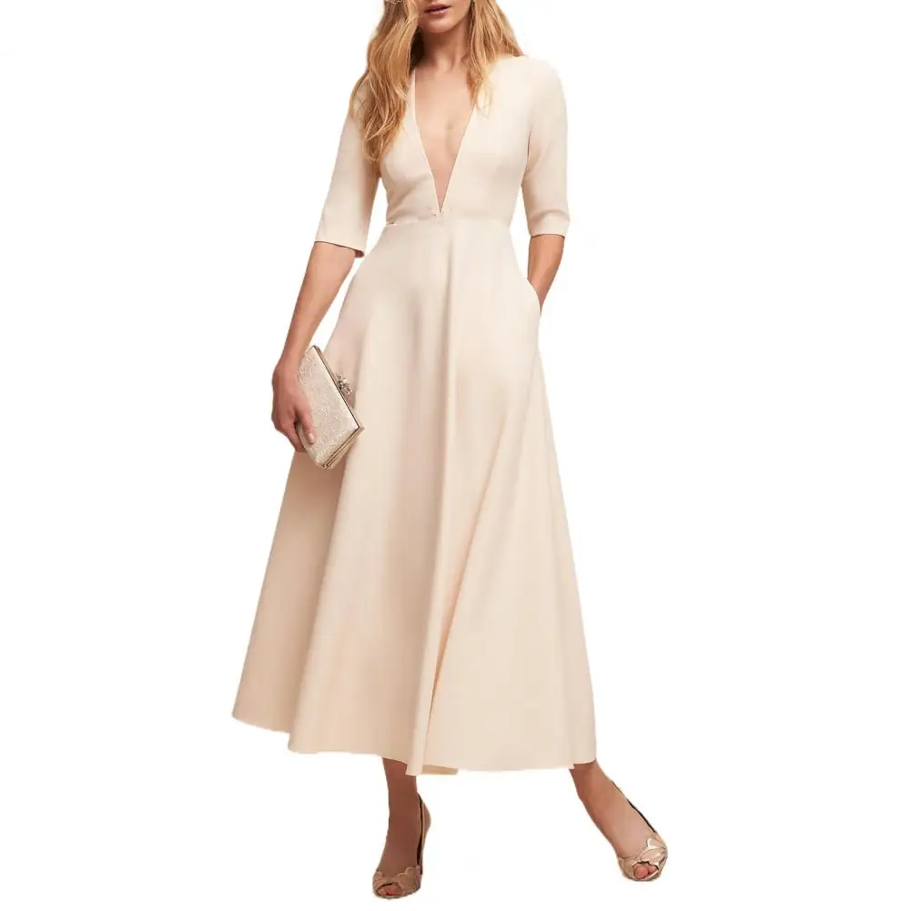 

Chic Midi Dress High-waisted Sweat Absorbing Swing Dress Women A-Line Pure Color Basic Long Dress