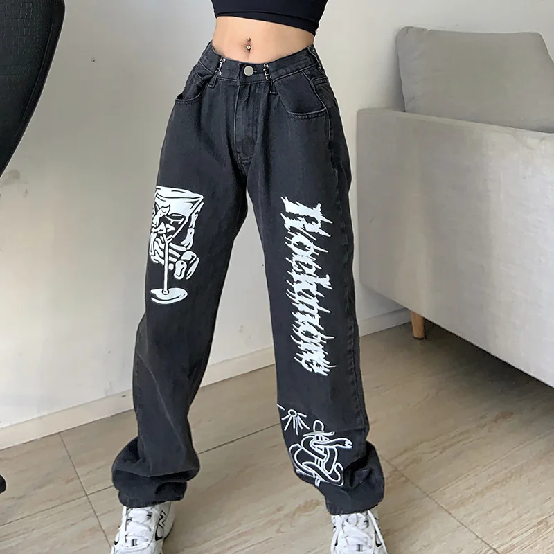 N GIRLS Gothic Street Jeans Women Hight Waist Wide Leg Pants Y2K Print Baggy Casual Straight Cargo Denim Female Korean Jean