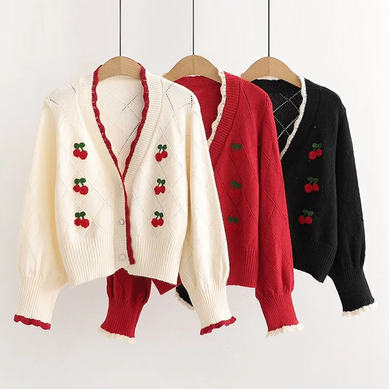 

2022 New Embroidered Cardigans Knit Wear Sweet Puff Sleeve Short Mujer Chaqueta Autum Winter V Neck Cherry Sweaters Women 18958