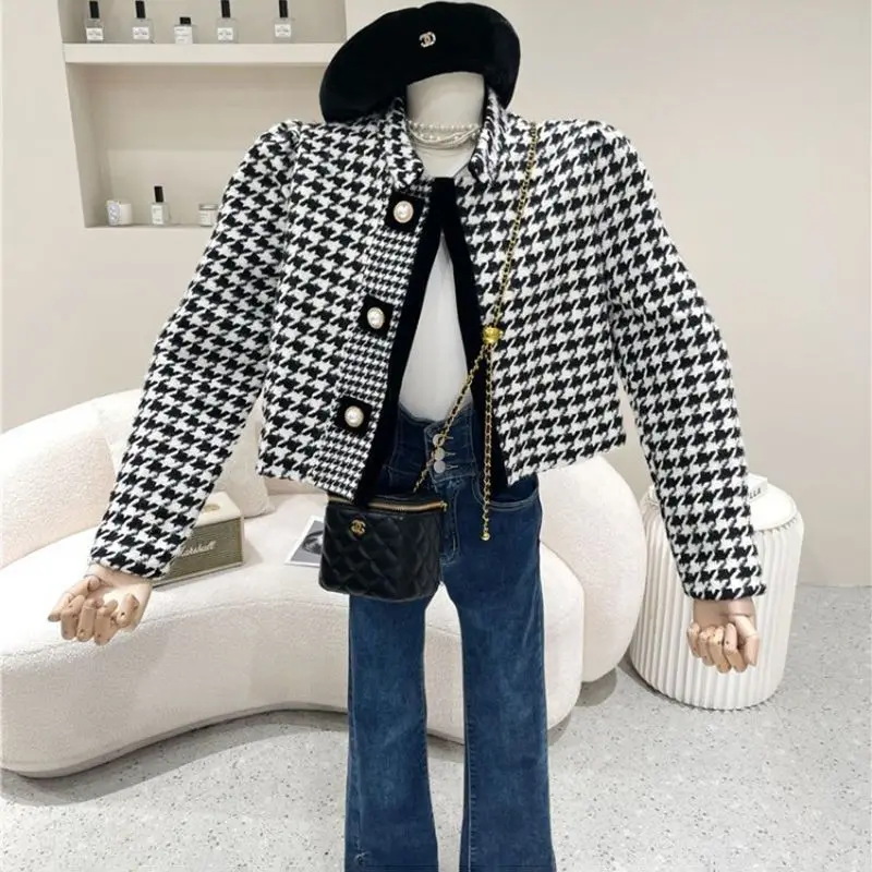 

Runway Spring Korean Women's Houndstooth High Quality Brand Luxury Chic Tweed Woolen Short Coat Suit Jacket Top Casaco Outwear