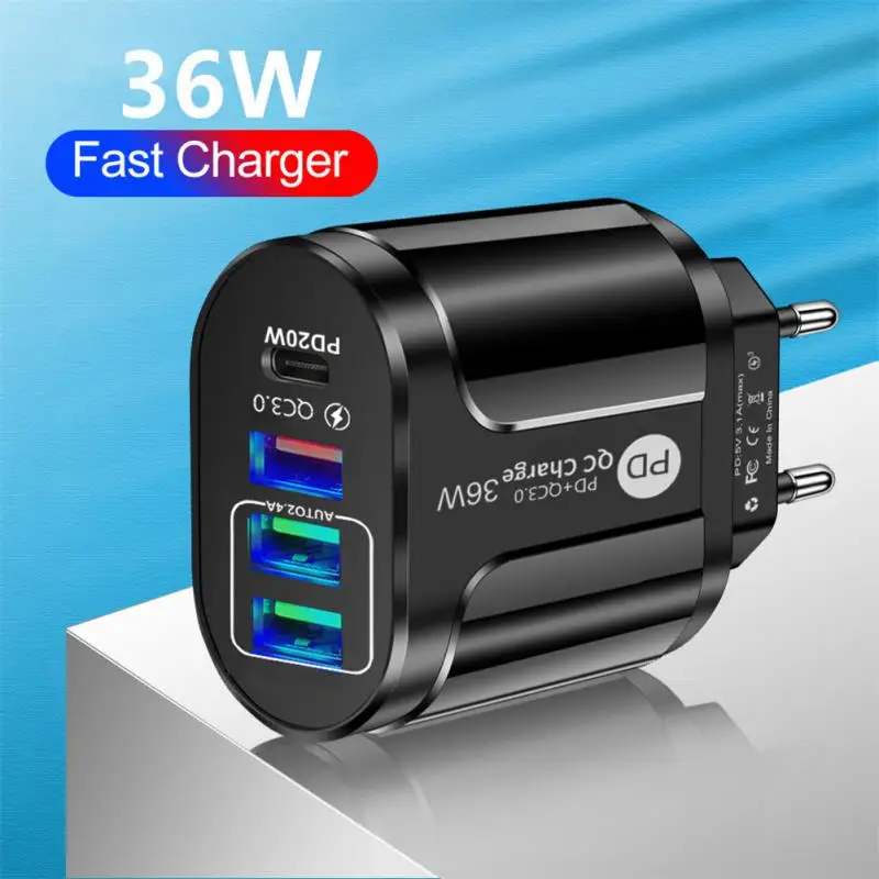

Universal 36W Fast Charger PD+QC3.0 2.4A EU/US/UK Plug Fast Charging Mobile Phone Charger 3usb With PD Charging Head USB Charger