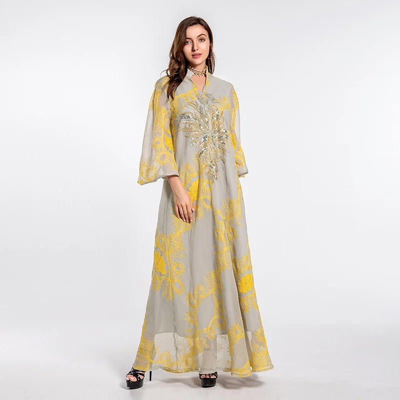 

Zigui Muslim Party Dress Women Yellow Embroidery Chiffon Gold Sequins Maxi Dress Muslim Robe Femme Longue