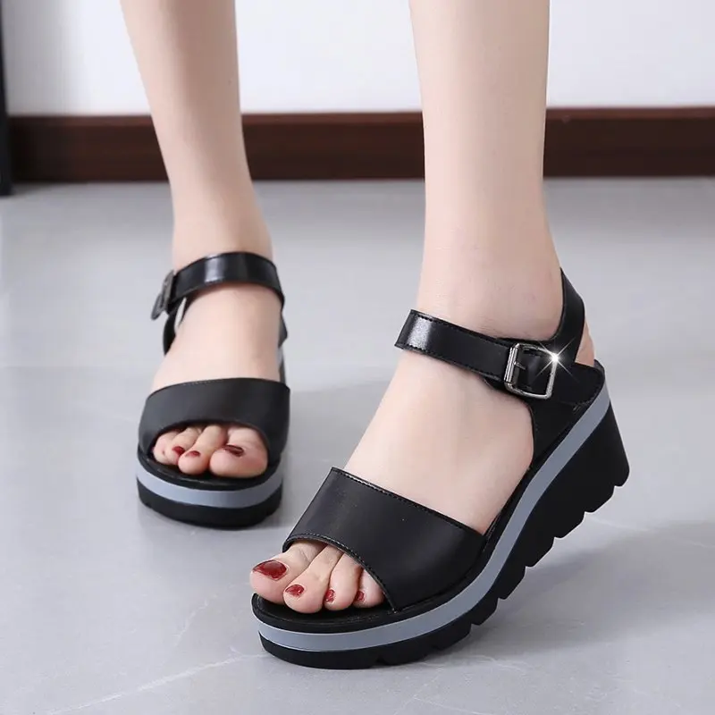 

New Summer Shoes Women Wedges Heels Sandals Young Ladies Casual Sandals Open toe Black White Shoes Wedge Heel 6cm