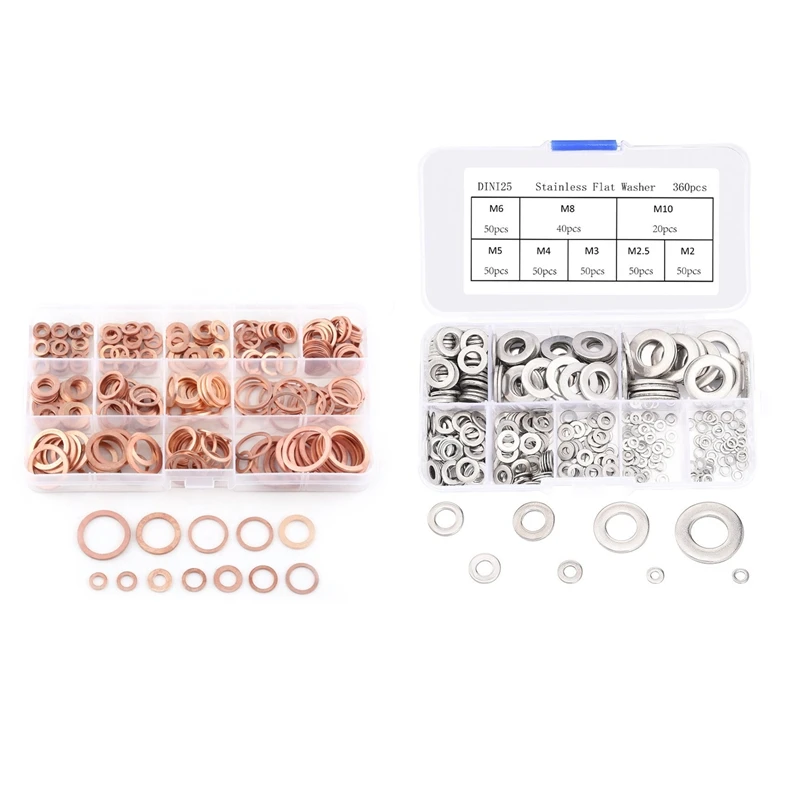 

280 Pcs Assorted Copper Washer Gasket Set Flat Ring Seal Assortment Kit M5-M20 & 360 Pcs Stainless Steel Flat Washers Sealing Ri