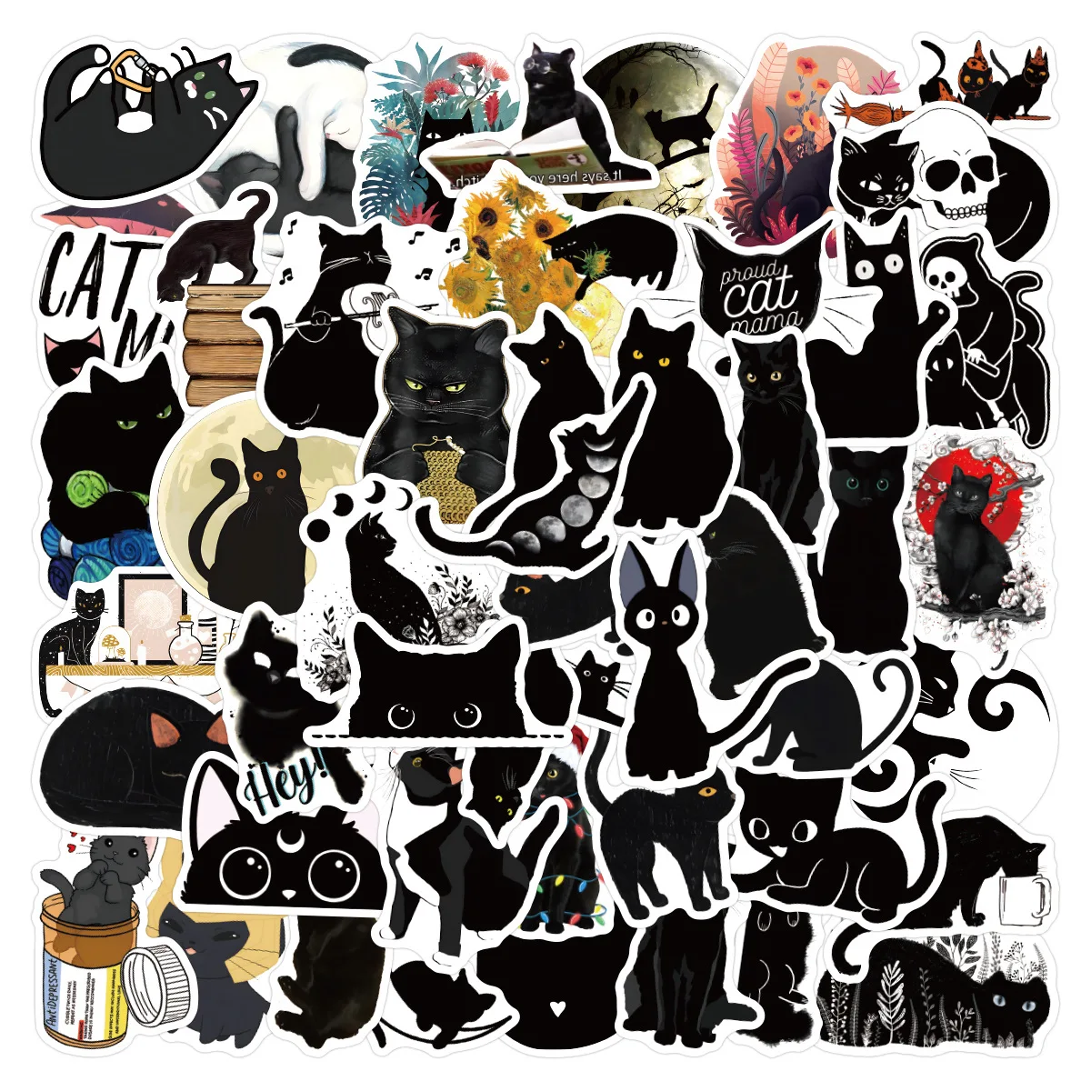 

50PCS New Animal Black Cat Cartoon Kawaii Graffiti Waterproof Removable Notebook Skateboard Suitcase Decoration