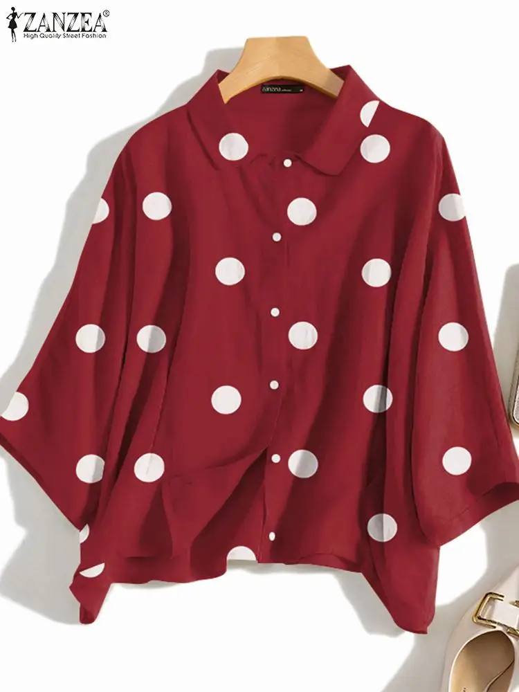 

Блузка ZANZEA в горошек с принтом, Женская Осенняя блузка с отворотом и длинным рукавом, топы на пуговицах, богемная свободная элегантная Праздничная рубашка большого размера 2023