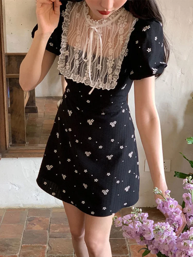 

QWEEK Vintage Black Floral Dress Women Sweet Lace Flower Print Kawaii Party Wrap Short Dresses Elegant 2022 Autumn Fashion New