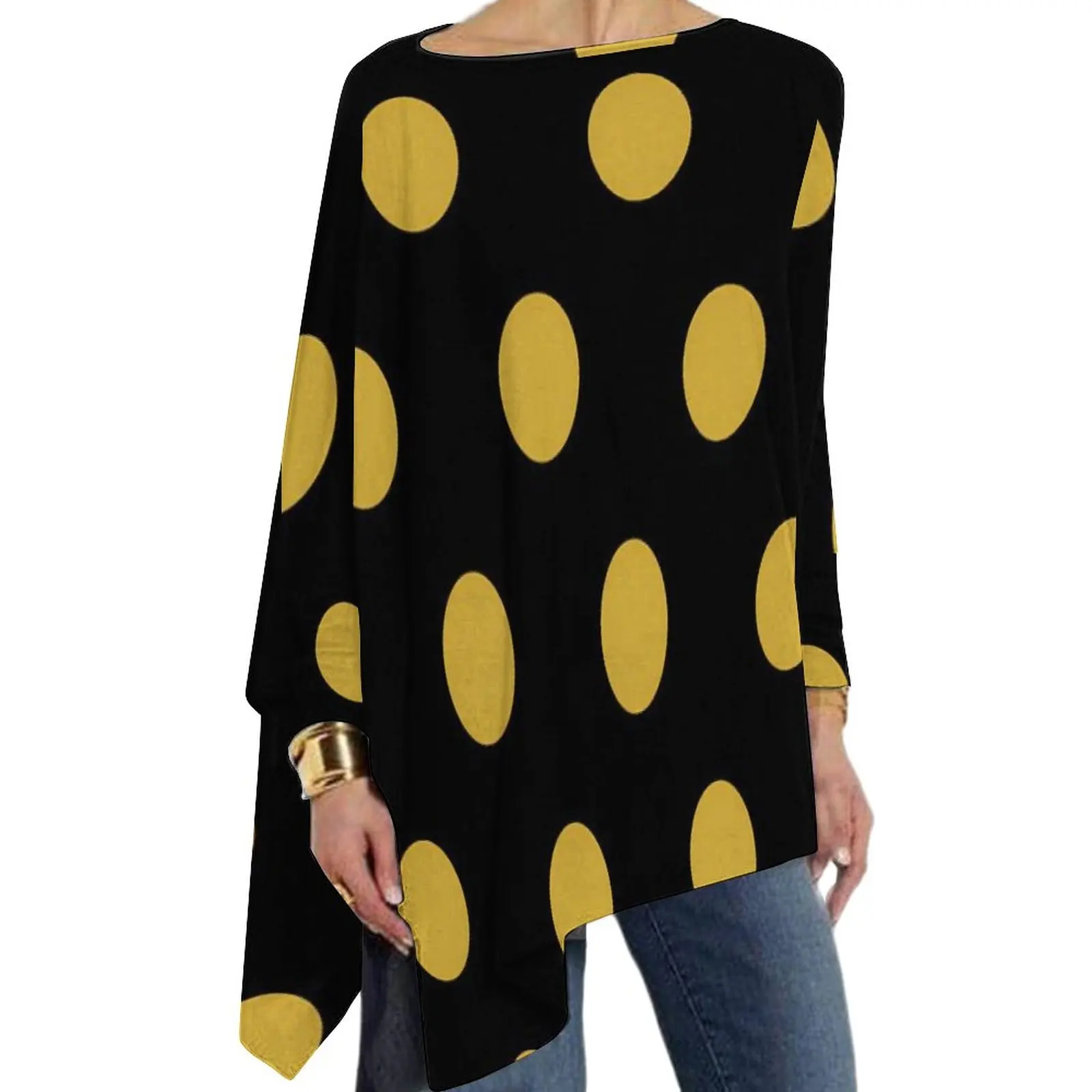 

Футболки в горошек с золотым принтом, корейская мода, футболка с длинным рукавом, Y2K, дизайнерская футболка, женская одежда, большой размер