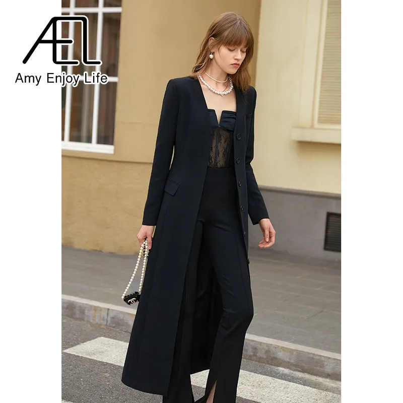 AEL Женский Тренч с v-образным вырезом черный тонкий длинный ветровка 2022 Весенняя