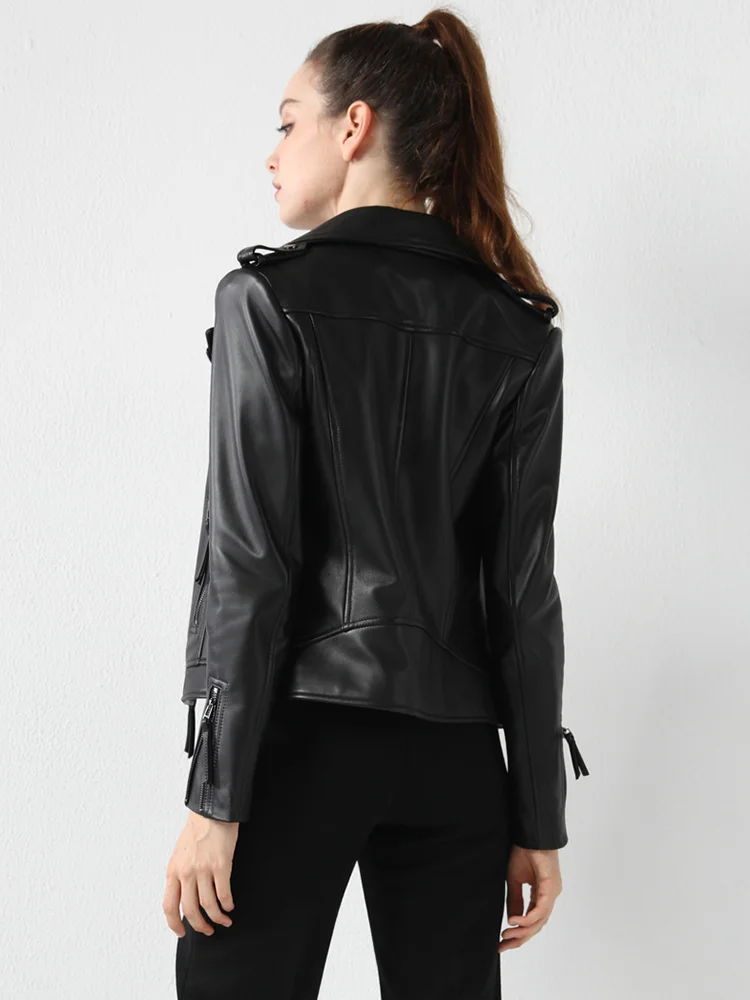 New Women Genuine Leather Jacket Spring Autumn Fashion Turn-down Collar Soft Sheepskin Short Moto Coat Slim Outerwear Female