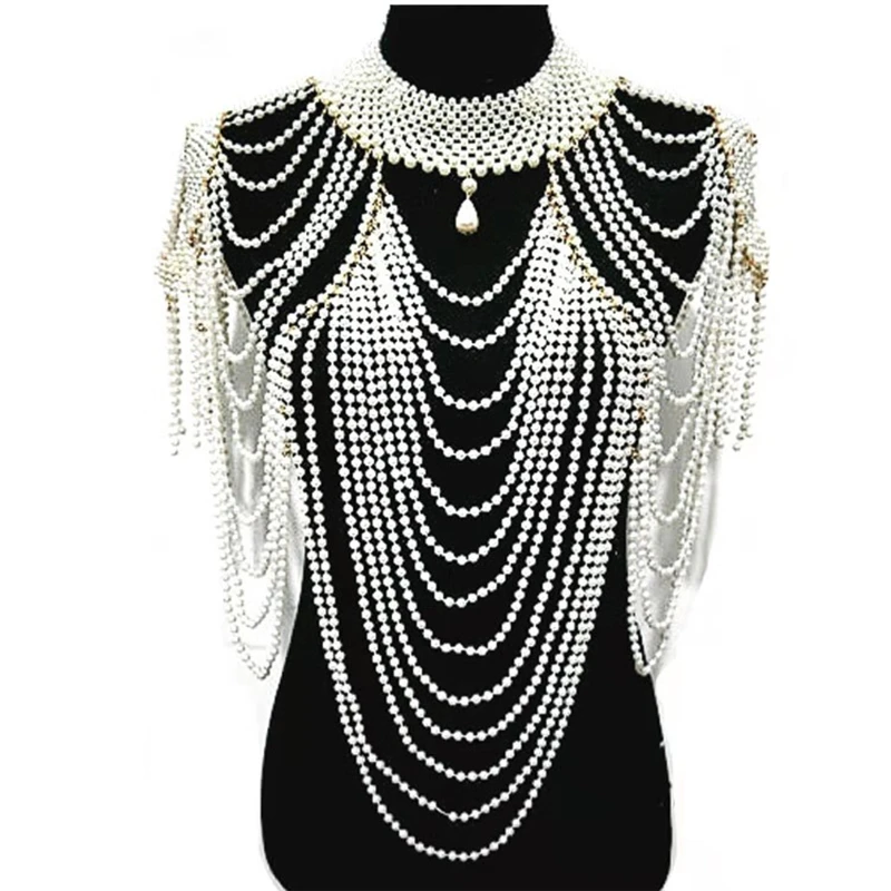 

Women Nightclub Imitation Pearl Body Statement Necklace Teardrop Pendant Beaded Collar Bib Layered Tassel Jewelry Shoulder Chain