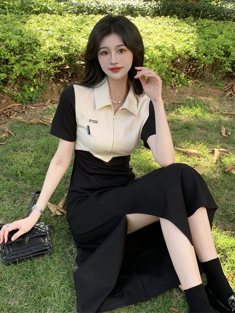 

Женское винтажное платье-поло в стиле Харадзюку, черное элегантное Макси-платье составного кроя с коротким рукавом и воротником-поло для ве...