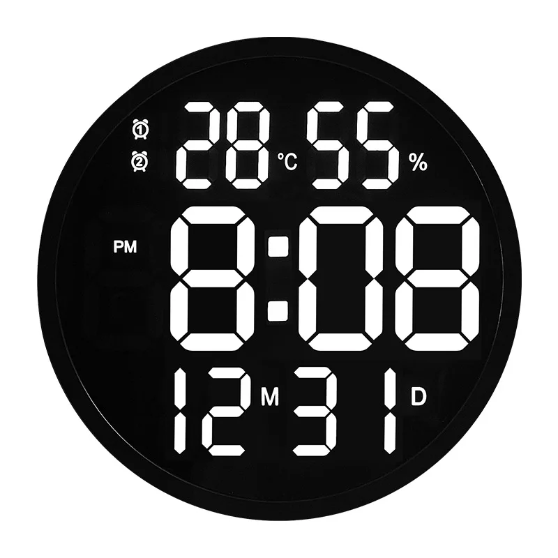 Silent Led Electronic Round 3D Large Wall Clock Digital Temperature Humidity Date Display Alarm Clock Modern Home Decoration