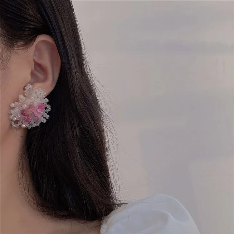 

Korean Chic Handmade Crystal Beaded Flower Pendant Earrings for Women Wedding Party Jewelry Girl Gifts