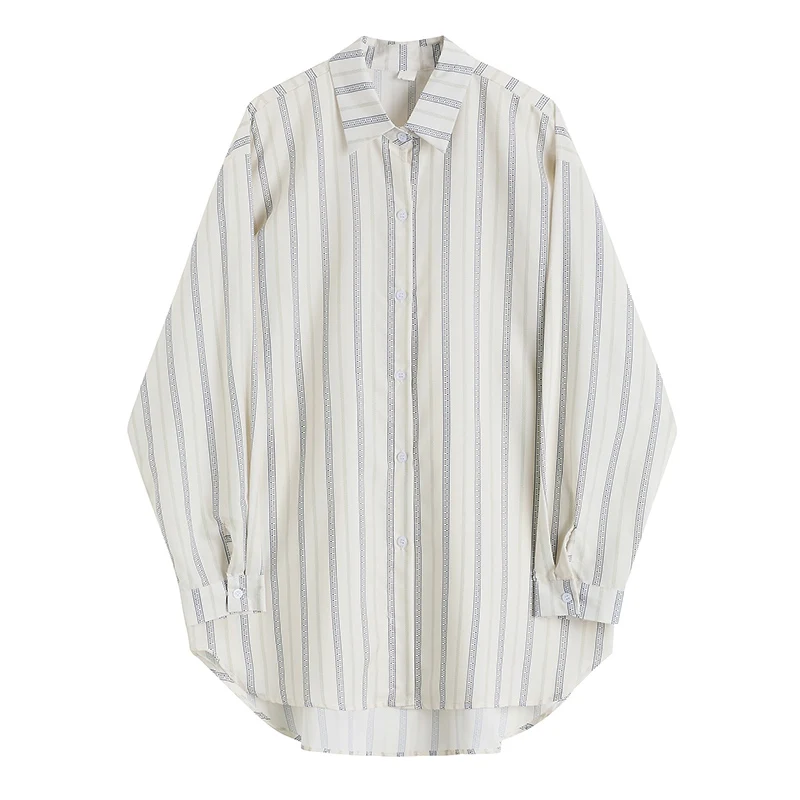 

SuperAen 2022 Retro Loose Casual Full Turn Down Collar Stripe Shirt Fashion Women Tops