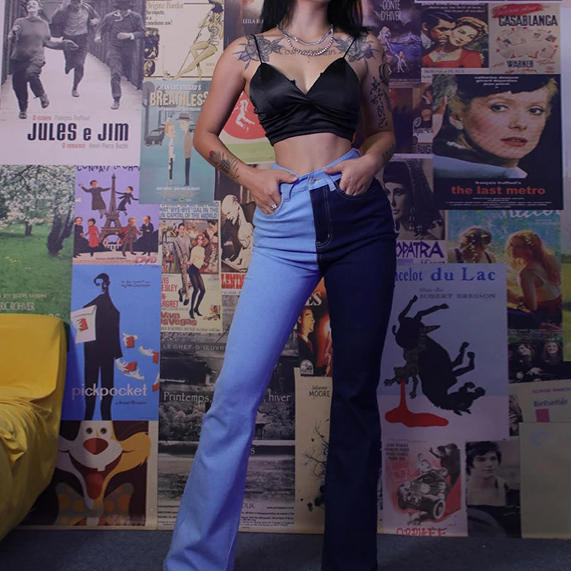 

Retro Stitching Contrast Color Funny Print Jeans New Trend Is Thin High Waist Slim Wide Leg Pants Fashion Women Casual Trousers