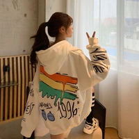 qweek korean fashion graffiti print hoodies women streetwear oversized hooded sweatshirt school student tops clothes 2022 spring