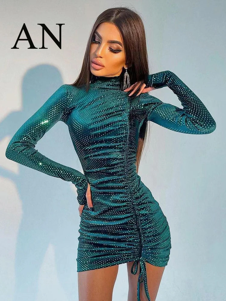 

New Women's Fashion Sequin Nightclub Pencil Skirt High Neck Slim Long Sleeve Temperament Hip Dress Dresses for Women Party