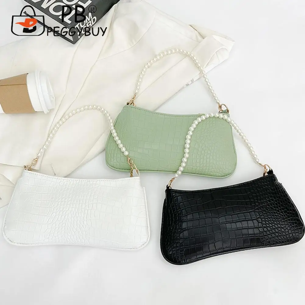 

Vintage Alligator Pattern Pearl Strap Women Shoulder Underarm Bag Stylish Solid Color Zip Thin Chain Shoulder Crossbody Handbags