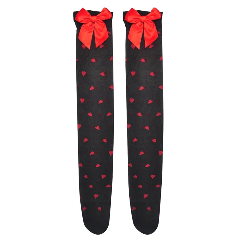 

Women Sexy Silky Thigh High Stockings Lolita Sweet Love Heart Dots Over Knee Long Socks Big Red Bowknot Cosplay Hosiery