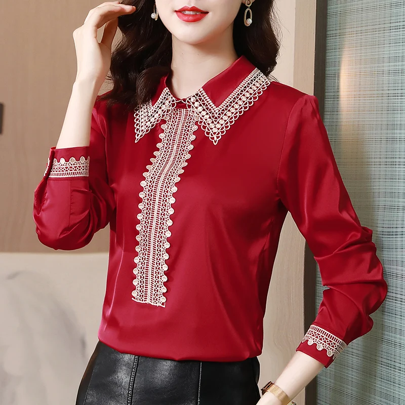 

summer New Women's Blouses Stitching Solid Satin Long Sleeve Top Hedging Casual Fashion Loose polo