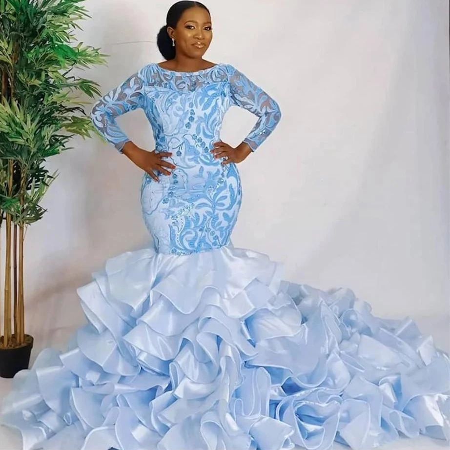 

Aso Ebi Light Blue Evening Dresses With Long Sleeves Lace Appliques Mermaid Prom Dress Ruffles Tiered Bottom Formal Gowns