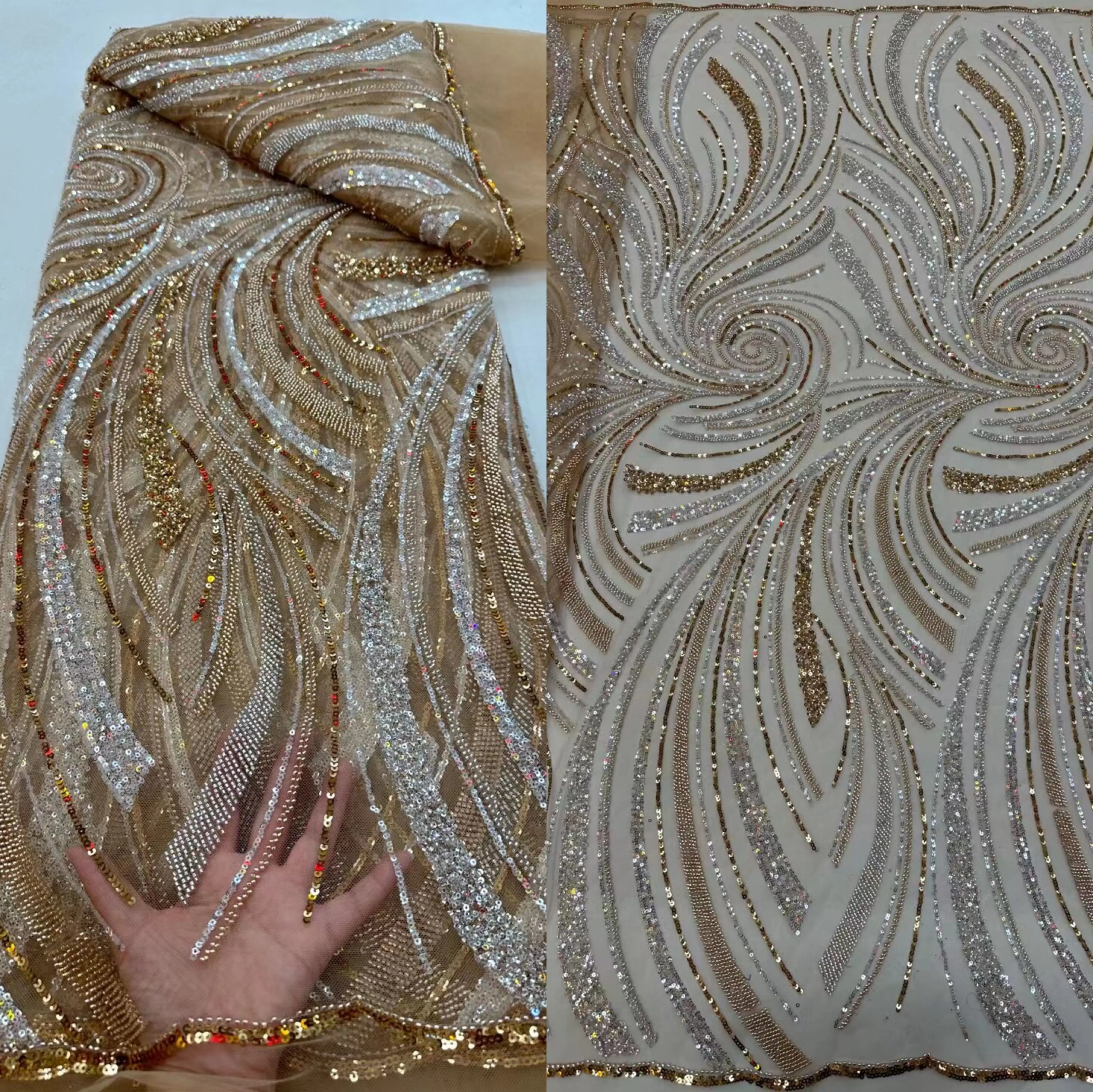 

Luxury African Heavy Beaded Wedding Fabric J-1302275 High Quality Nigerian Sequined Lace French Tulle Fabric For Party Dress