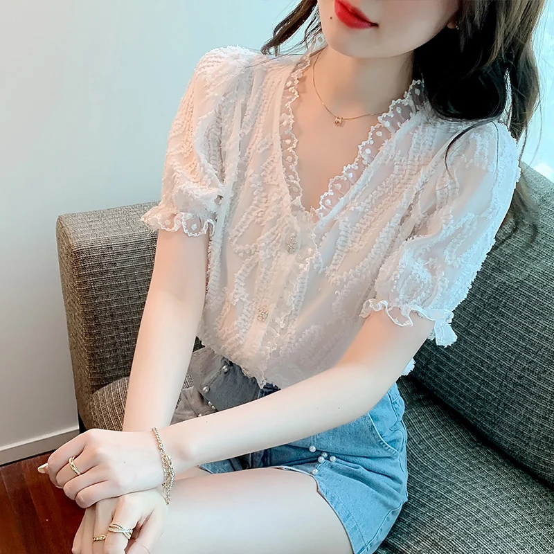 

2022 new solid color lace shirt for women's summer design feeling slim short sleeve Joker ladies shirt 633c,331-14