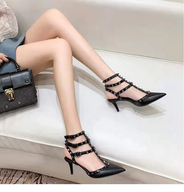 2023 Brand Summer Genuine Leather Women's Sandals Classic Rivet Pointed High Heels Sexy Luxury Pumps Wedding Party Shoes 5