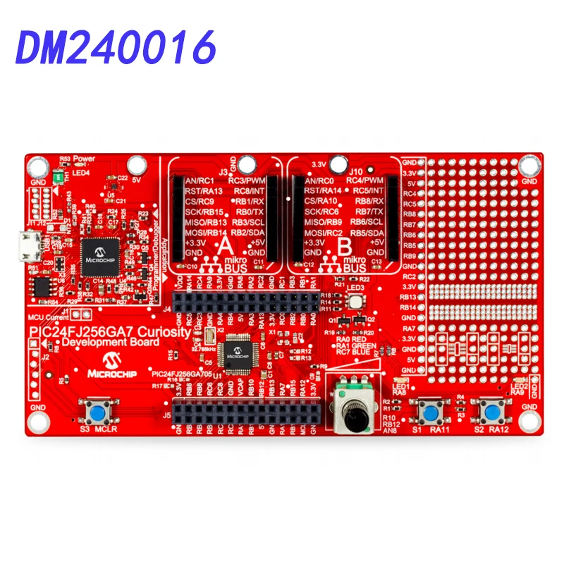 

Макетная плата Avada Tech DM240016, PIC24FJ256GA7, MCU с очень низким энергопотреблением, интегрированный программатор/отладчик