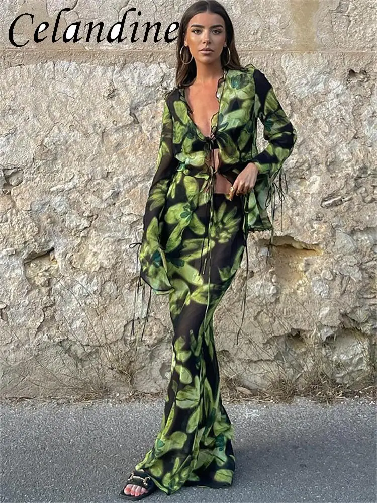 

Celandine 2023 Summer Mesh Print Ruffles Beach Holiday Women Outfits Long Sleeve Top Shirt And Maxi Skirt 2 Piece Dress Set