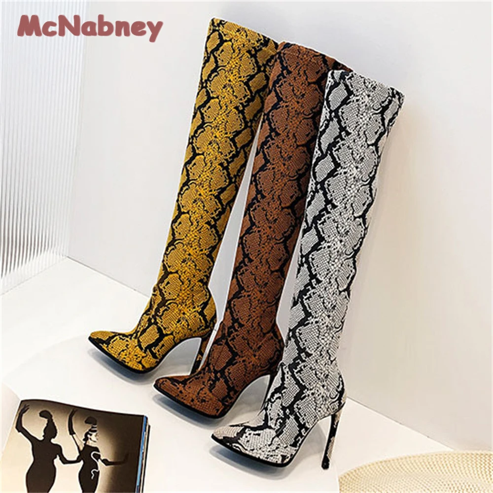 Fashion Boots Women Stiletto Pumps Stretch Snake Print Over Knee High Heel Elastic Skinny Boots Fashion Party Street Long Boots