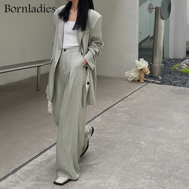 

Bornladies 2022 Spring Office Lady Blazer Suits Vintage 2 Piece Sets Women Long Sleeve Blazer + High Waist Wide Leg Pants Sets