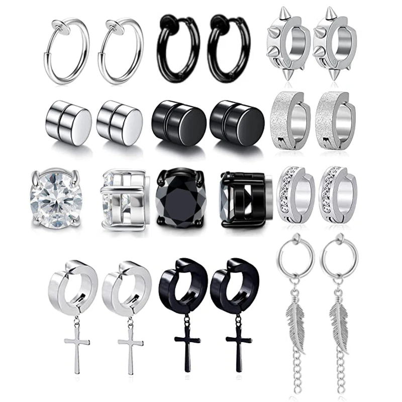 

12 Pairs of Magnetic Stainless Steel Pierced Earrings Punk CZ Ring Cross Feather Hinge Earring Clip Magnet Earring Set Unisex