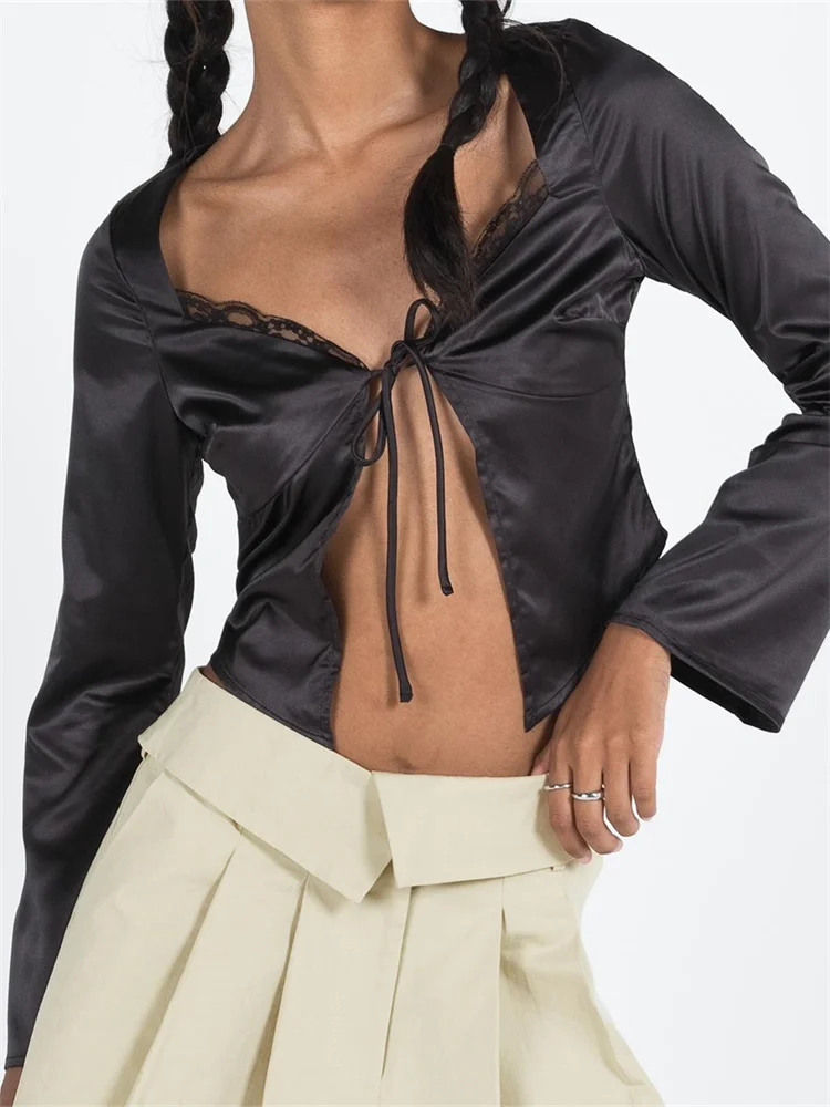 

CHRONSTYLE Women Lace Patchwork Casual Shirts Crop Top Black Long Flare Sleeve Front Split Tie-up Spring Fall Party Blouses 2023