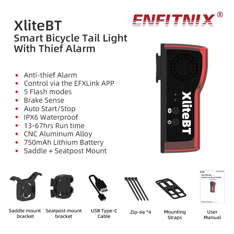 Умный задний фонарь XliteBT с сигнализацией вора, зарядка через USB, светодиодный ночной сигнальный светильник, Bluetooth, противоугонная сигнализация, задний фонарь для велосипеда (art.: 3920d431eff56) - 3920d431eff56