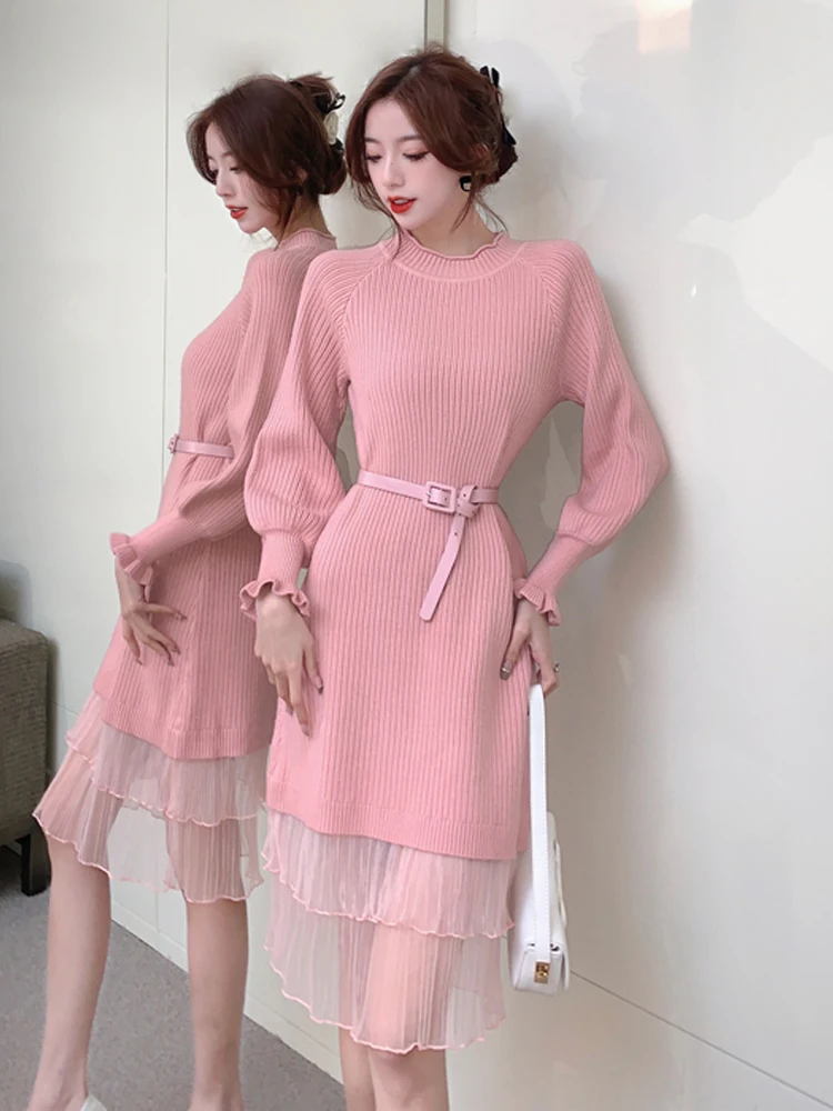 

Gauze Splicing Solid Elegant Knited Dress Women New Autumn Winter French Mid-Length Thickening Sweater Skirt Female Match Belt