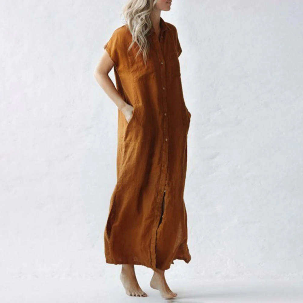 

2023 Summer New Dress Women's Oversized Simple Casual Streetwear Short Sleeve Fashion Loose Retro Cotton Linen Long Dress