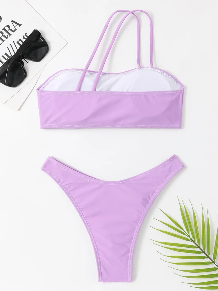 

Color Swim Solid Swimwear 2023 Female Swimsuit Outfit Low Waist Women's Sets One Shoulder Extreme Thong Summer Clothing Tankini