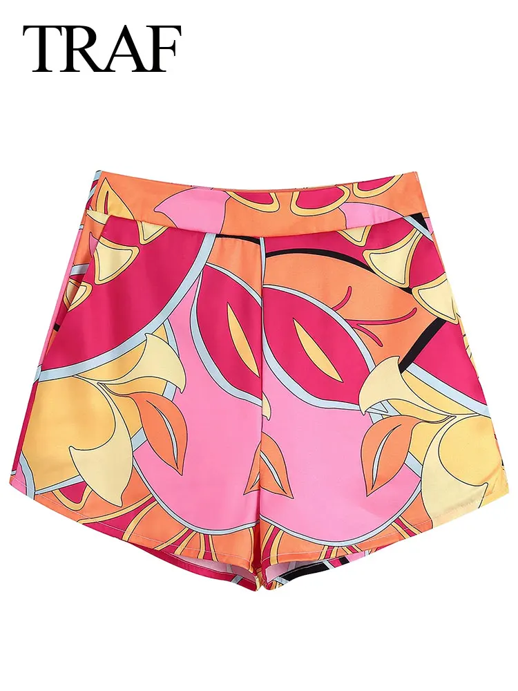 

TRAF Summer Shorts Women's Elastic High Waist Pocket Vintage Print Bright Color Beach Street Loose Casual Fashion Ladies Clothes