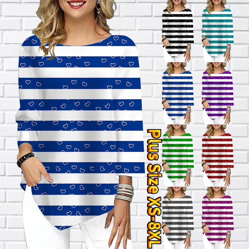 

2022 Summer Casual Three Quarter Sleeve Women T-Shirts Stripe Print Tops Female Round Collar Loose T-Shirt Size Top Pullover Tee